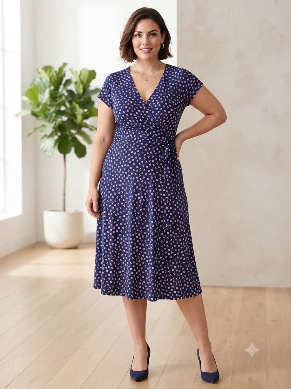 Lands' End Navy Wrap Midi Dress with Cream Dot Print